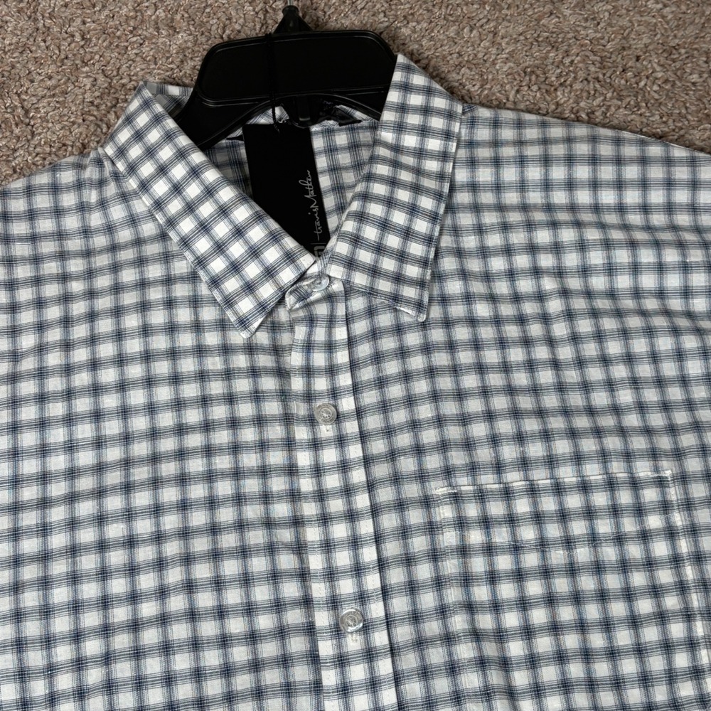 TravisMathew Mens XL Blue White Plaid Short Sleeve Button Down Shirt 1MY658 NEW